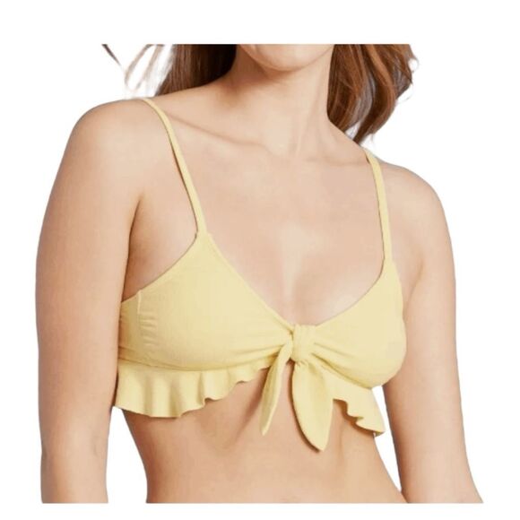 Xhilaration Tie Front Bralette Bikini Top Yellow Ribbed Knit Ruffle Swimsuit L - Picture 1 of 7